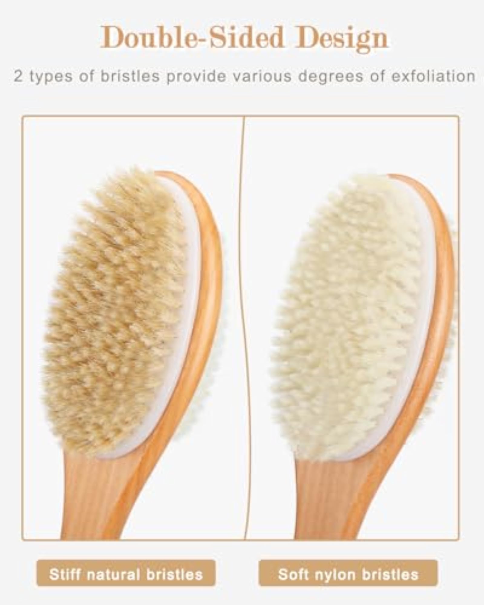 Long Wooden Handle Back Scrubber for Shower, Dual-Sided