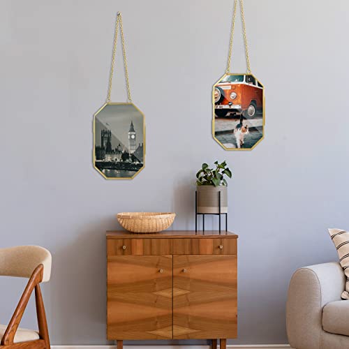 2 Pieces Gold Floating Frame Double Clear Hanging Glass Frames For Pressed Flowers Octagon Geometric Floating Frame Frames For Pressed Flowers With Chain For Diy Modern Home Wall Art (4 X 6 Inch) #TOP4
