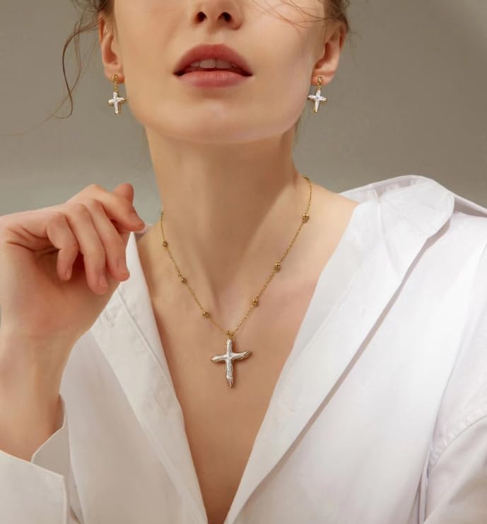 Nature Freshwater Pearl Cross Necklace Earring for Women, Gold Big Cross Pearl Necklace,Baroque Earrings (Gold)3