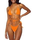 Women Halter String Bikini Set Sexy Thong Cheeky Two Piece Swimsuits Solid Color Bathing Swimwear (Orange, Medium)