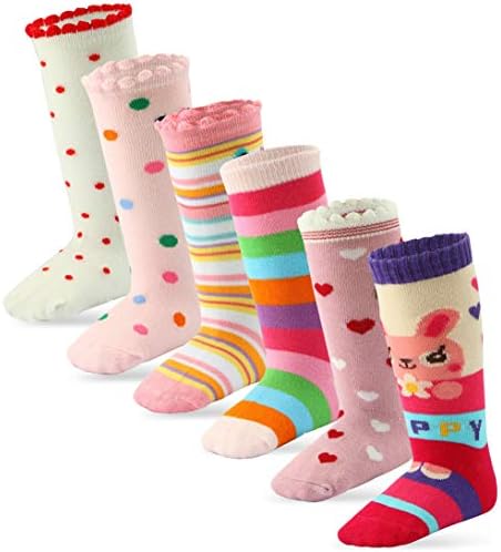 Cottock 6 Pairs Toddler Girl Knee High Grip Socks, Baby Socks Girl School Socks Anti Slip for Kids Girl (6 Pairs, 5-7 Years)