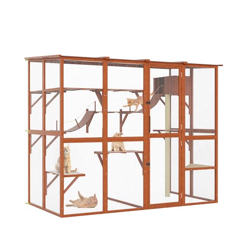 Large Walk-in Catio Wooden cat Houses for Multiple Outdoor Cats, Outdoor cat Enclosure with 4 Bridges & Transparent PVC Roof & sisal Scratcher, Kitty cat Condo Shelters (Orange)