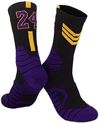 Jueshanzj Men's Basketball Socks Custom Team Number Athletic Socks Lakers Black Yellow No. 24 Adult Size