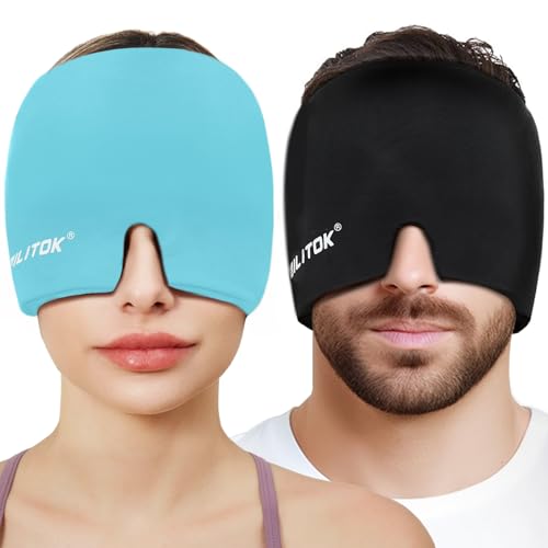 Image of Migraine Relief Gel Ice Head Wrap, Hot and Cold Therapy Headache Relief Hat, Migraine Cap for Puffy Eyes, Headache Eyes Mask for Sinus, Tension and Stress Relief (Black & Blue)