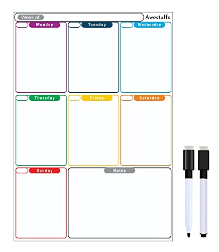 Image of Awestuffs Magnetic Whiteboard Sheet for Fridge /Office /Metal Wardrobe - Stain Resistant Dry Erase Flexible Writing Whiteboard Sheet with 2 Marker Pens (Weekly Planner [31 x 23 cm] (Medium))