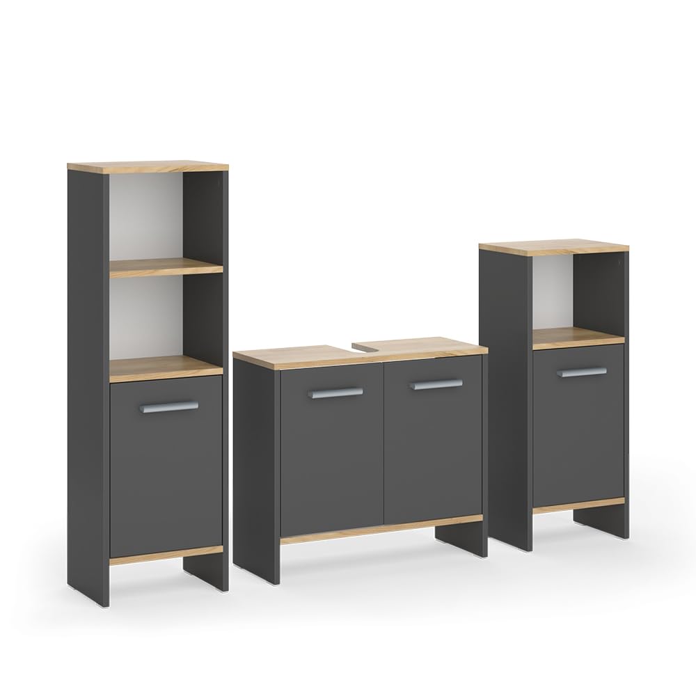 Vicco Set di mobili da bagno Karli, Antracite/Rovere dorato, 131.4 cm, composto da mobile sottolavabo, specchiera e colonna alta