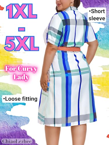 Image of ChiaoLezhee Plus Size Shirt Dress, Colorful Plaid Match Waistband, Fits 1XL-5XL