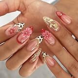 Bubaxuce Día De San Valentín Estampado En Uñas Centro Almendra Uñas Postizas Con Motivos 3D Flor Dorada Pegatina Uña Francesa Acrílico Falsas Uñas Leopardo Uña Artificial