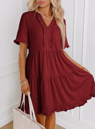 Image of Dokotoo Womens Summer Dresses 2026 V Neck A Line Short Sleeve Casual Ruffle Babydoll Mini Dress