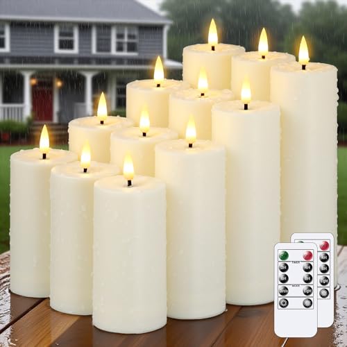 Bryxidor 12pcs Waterproof Fake Flickering Flameless Timer Function Candles, 5.5cm x 10, 12.5, 15, 17.5cm Remote Plastic LED Electric Ivory Outdoor Battery Pillar Bulk Candles