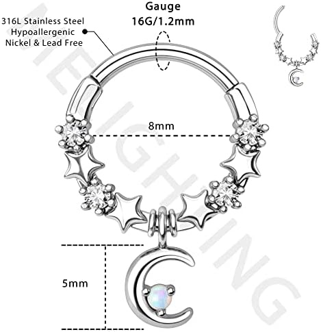 Melighting Moon Septum Piercing Jewellery 16G Dangle Helix Earrings Cartilage Piercing Hoop Earring Septum Ring Surgical Steel Hinged Ring Conch Hoops Daith Piercing Jewelry for Women