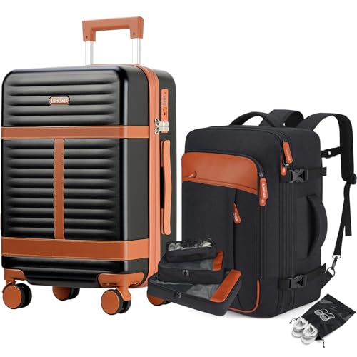 Lumesner 5 Piece Luggage Sets with Travel Backpack, 20" Carry On Hardside Spinner Suitcases, TSA Lock, Durable PC (Black, 5 piece set (20inch))