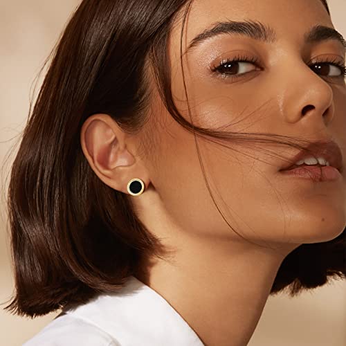 Mesovor Black Round Stud Earrings For Women, 18K Gold Plated Classic Imitation Fritillaria Earrings | Small Lightweight Circle Cubic Zirconia Stud Earrings For Girls Mother Mom Her (12Mm, Black) #TOP3