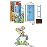 Ratoncito Pérez Puerta mágica Azul + Hucha Infantil niño + Escalera + Plato + Queso + Felpudo + Llave + Dibujo Fondo de Puerta + Postal de felicitación para Pintar Las Fechas de los Dientes caídos