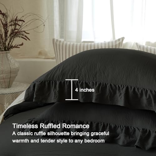 Image of Black Ruffle Comforter Set King, Pre-Washed Shabby Chic Bedding Set, Lightweight Cottagecore Soft Romantic Cozy 1 Comforter & 2 Shams, All-Season