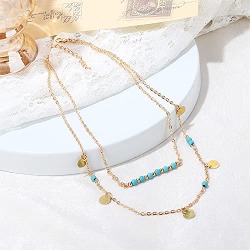 Boho Turquoise Layered Sequin Necklace Vintage Golden Chains Pendant Necklaces Jewelry Set For Women Girls #TOP2