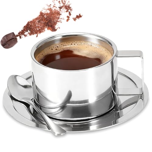Gsycle Tazas De Capuchino, Juego De Tazas De Té, Taza De Café Expreso De Doble Pared, Taza De Café De Acero Inoxidable, Tazas De Café Expreso De Metal Taza De Té Doble Para Oficina En Casa Viajes