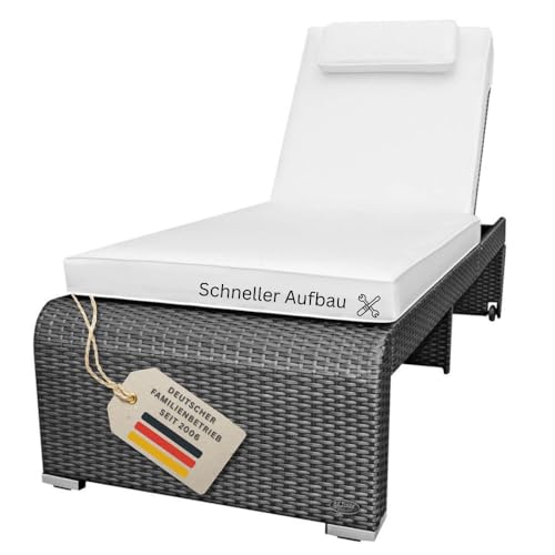 RS Trade Sonnenliege Gartenliege wetterfest aus Rattan, extra hoch & extra breit auch für Senioren – XXL bis 200kg – mit Rollen, Outdoor Liege mit Verstellbarer Rückenlehne, grau mit weißer Auflage