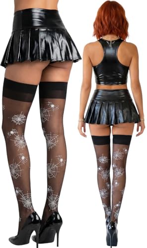 Image of ToBeInStyle Women's Spiderweb & Crawling Spider Print Hosiery Tights & Thigh High Stockings