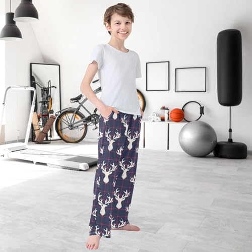 Boy's Lounge Pants Classic Blue Red Checkers Deer Kids Jogger Pants Elastic Waist Long Bottoms with Pockets 6-14 Y 6