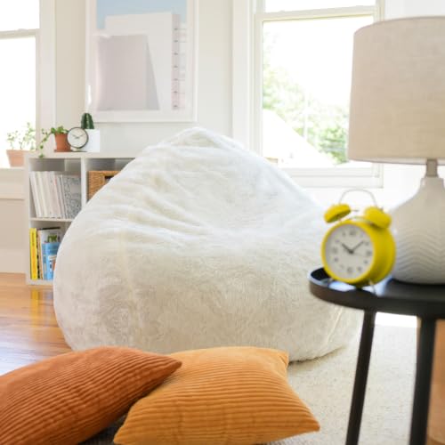 Image of Big Large Teardrop Foam Filled Bean Bag Chair with Removable Cover, Ivory Short Shag, 4 feet Big | Premium Shredded Foam Filled, Short Shag, Adult-Sized Comfortable Seating, Supports Up to 300 lbs, Perfect for Reading Nook