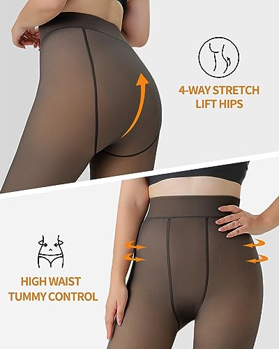 Image of Ibeauti Womens Fleece Lined Tights Sheer Warm Fake Translucent Thermal Pantyhose Stretchy Thick Fleece Tights Control Top