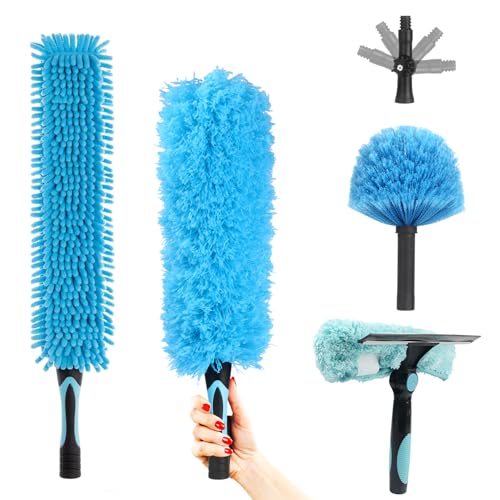 Ceiling Fan Duster Kit - 5-in-1 Cobweb Feather Duster & Squeegee Heads - Washable Bendable Microfiber - Fits Standard 3/4" Pole, Blue