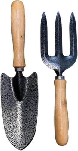 Wood Handle Garden Fork And Trowel Set For Garderning - 1 Carbon Steel Hand Trowel Heavy Duty - 13 Cm Steel Head With 16 Cm Wooden Ergonomic Handle & 1 Garden Hand Fork Never Bend Weeding Tool(27Cm)