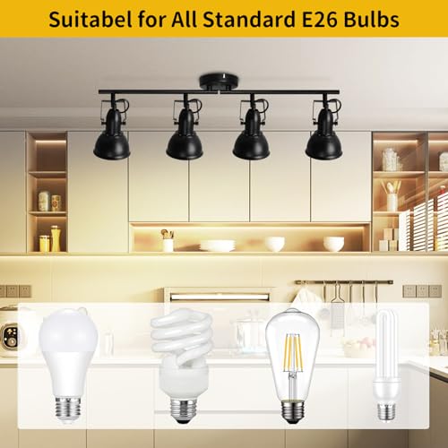 HiBay Ceiling Track Lighting Fixtures, Adjustable 4-Light Flush Mount Spot Light, Industrial LED Track Lights Black Spotlight Indoor for Kitchen, Dining Room, Bedroom, E26 Base (Bulbs Not Included
