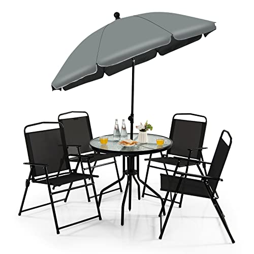 GOPLUS 6Pcs Salon de Jardin Exterieur 4 Personnes avec 4 Chaises Pliantes en Textilène, Table Basse en Verre Trempé et Parasol Jardin, pour Patio, Balcon et Terrasse...