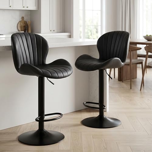 Image of HealSmart Bar Stools Set of 2, Adjustable Counter Height Swivel Stools, Modern Fabric Upholstered Bar Chairs with Backrest for Kitchen Island, Home Bar & Dining Area, Black