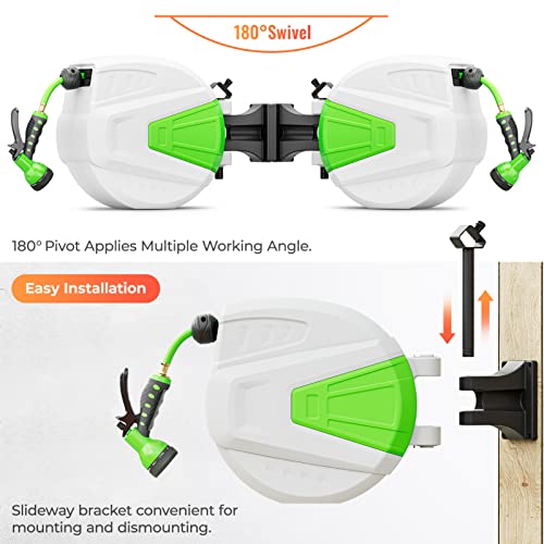 Bigtur Retractable Garden Hose Reel, 3/5''X 65' Wall Mounted Retractable Garden Hose-Reel With Automatic Rewind/Slow Return System/180°Swivel Bracket #TOP3
