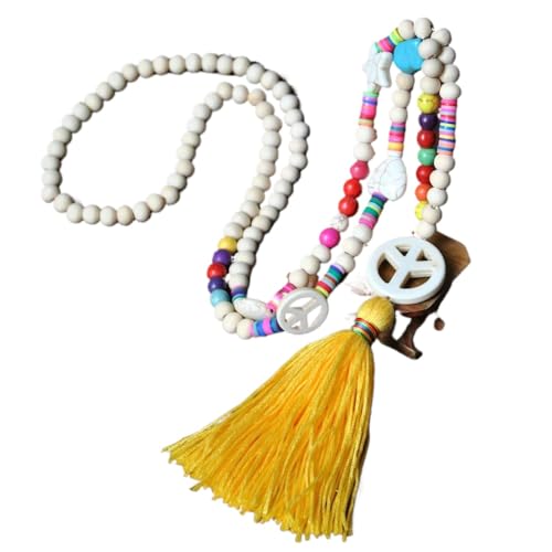 Rocky Green Collar bohemio con flecos para mujer: cadena de cuentas largas y ajustables de madera, regalo de joyería Y2K hecho a mano para festivales de música, accesorios de otoño e invierno,