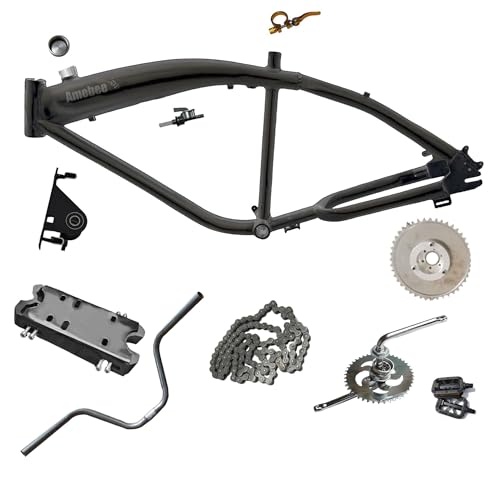 Fuel Tank Bike Frame Kit Wheel Fork Kit with 26in 6 Mag Integrated Wheel, Banana Saddle, Tripple Tree Suspension Fork 3.4L Integrated Fuel Tank for 2/4 Stroke Bike Mini-Engine (Black Mid-Frame)