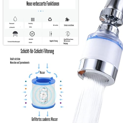 2 Stück Wasserfilter für Wasserhahn, 360° Wasserhahn Filter, Wasserfilter Wasserhahn mit 10 Stück Austauschbar Baumwollfilterelement, Wasserhahn Entkalker Aufsatz für Küche, Spüle, Home Badezimmer