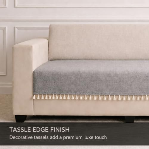 Image of STITCHNEST Jute Sofa Cover - Grey, 24x30 Inch | Soft Textured Fabric with Tassel| Sofa for Living Room Decor