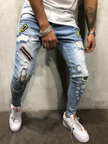 Jeans Pants Trouser Denim Tight Piercing Street Trendy Badge Embroidered Micro Elastic Slimming Small Leg for Men3