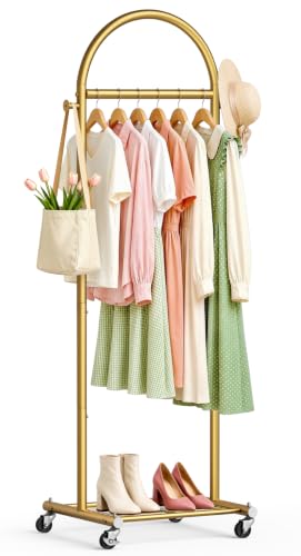 MISSLO 18" Small Clothes Racks for Hanging Clothes Arched Shape Gold Clothing Rack with Wheels 70" Metal Rolling Garment Rack with Shelves for Small Space, Bedroom, Laundry, Gold