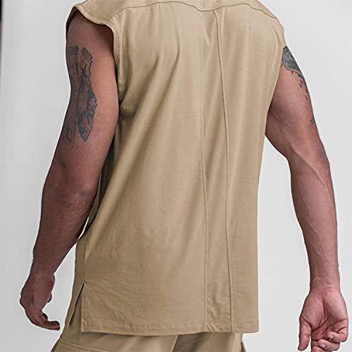 Buufbody Men's Crew Neck Tank Tops Lightweight Sleeveless Activewear T-Shirts Fitness Exercise Tank Shirts(Us03 Khaki S) #TOP1