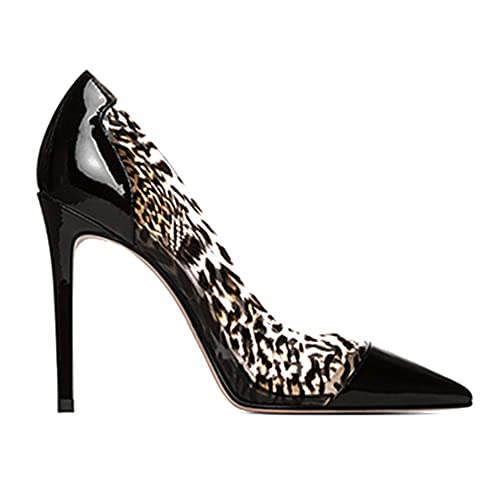 LEHOOR Women Clear Stiletto Pumps Cap Pointed Toe Transparent High Heels PVC Sexy Leopard Slip On Dress Evening Pumps with 5 Inch Thin High Heel Animal Print Closed Toe Sandals Fashion Chic 4-12 M US4