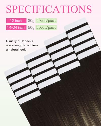 Image of YoungSee Human Hair Tape in Extensions, 24 Inch Tape in Hair Extensions Human Hair, Balayage Dark Brown with Blonde, Tape ins Human Hair Extension, Long Length, Straight Texture, 20pcs 50g