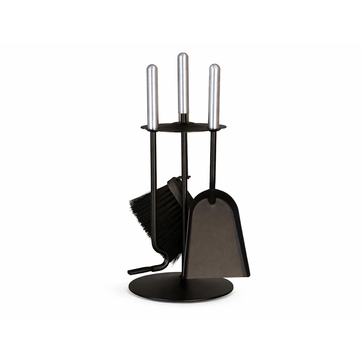 MS Beschläge Kaminbesteck 4-tlg. schwarz pulverbeschichtet – modernes Ofenbesteck Kamin-Set mit Schürhaken, Schaufel und Besen - kompakt & platzsparend - Kamingarnitur rund Griffe Aluminium gebürstet