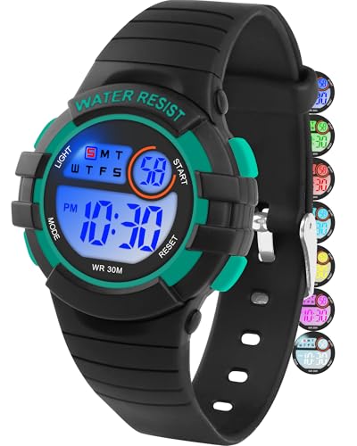Image of Juboos Kid's Digital Watch for Boys and Girls, Waterproof LCD Digital Sports Kids Watch with 7 Color LED Lights, Stopwatch, Alarm
