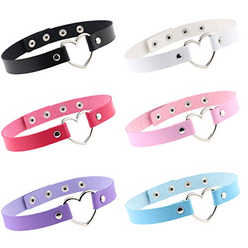 BeeGift 6PCS Love Heart Choker Necklace for Women Girls, Cool Adjustable Leather PU Choker Short Necklaceï¼ Six colors Heart Choker Collarï¼black,pink,white,Purple, blue, Rose redï¼ (6pcs)