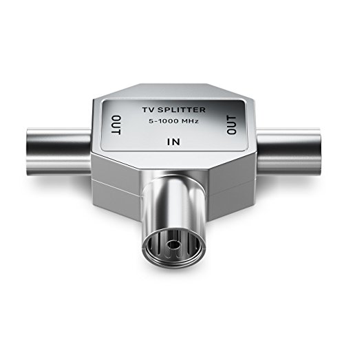 deleyCON Antennen-Verteiler T-Kupplung Zweigeräte-Verteiler für TV/T-Adapter Koax-Kupplung 2X Koax-Stecker Kabelfernsehtauglich Silber