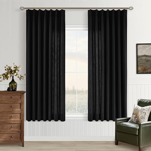 Image of Black Semi Sheer Pinch Pleated Linen Curtains 63 Inch Long for Bedroom
