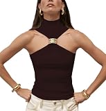 Women Halter Top Twist Front Sexy Ring Pleated Tank Top Turtleneck Dressy Sleeveless Summer Vest Streetwear (Chocolate, L)