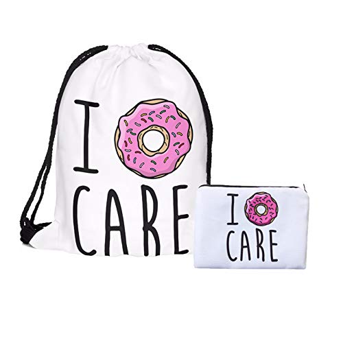Fashion Culture I Donut Care Drawstring Backpack & Cosmetic Bag Set, White Donut Graphic, Foldable Travel Bag, Adjustable Shoulder Straps