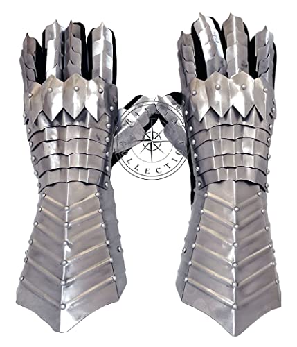 Hanzla Collection Acabado de acero natural Nazgul Guanteletes medievales de armadura de hierro guantes cruzados LARP Guanteletes Cover