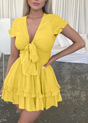 PRETTYGARDEN Women Summer Mini Short Dress 2025 Short Sleeve Casual Beach Vacation Sundress V Neck Tiered Sun Dresses